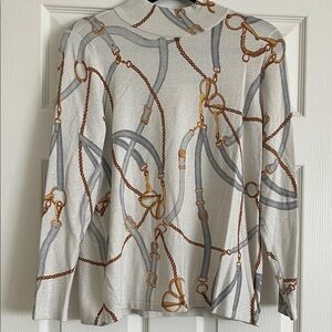 Chico's Cream Sweater with Gray and Gold Chain Print